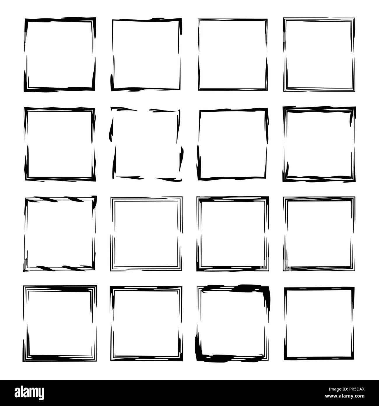 Collection of black square grunge frames. Geometric empty borders