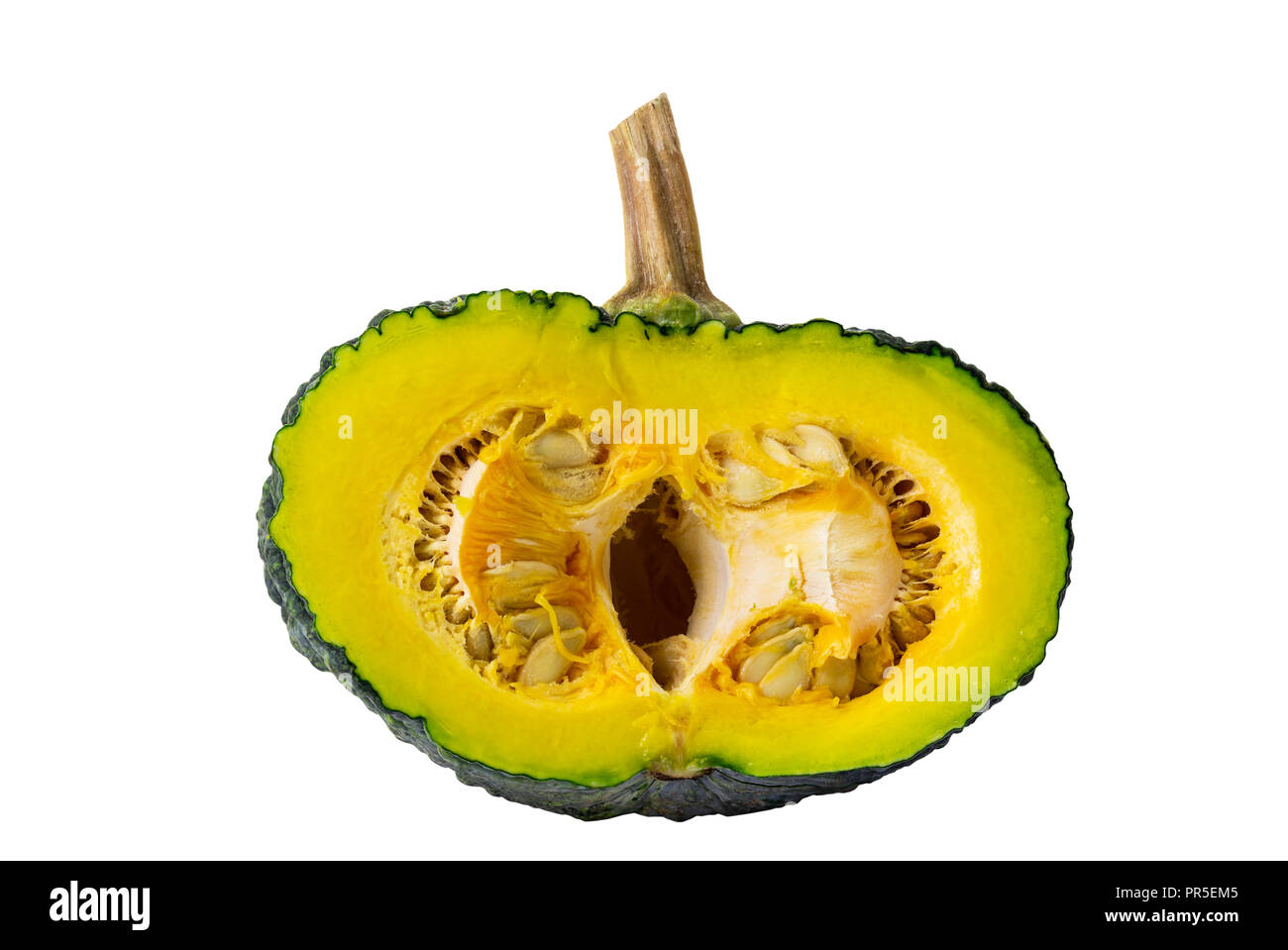 Halved Kabocha squash fruit isolated on white background and clipping