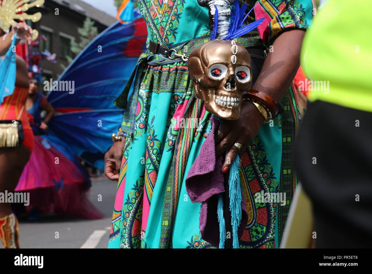 Mexico colorful costume and Dia de los Muertos skull Stock Photo