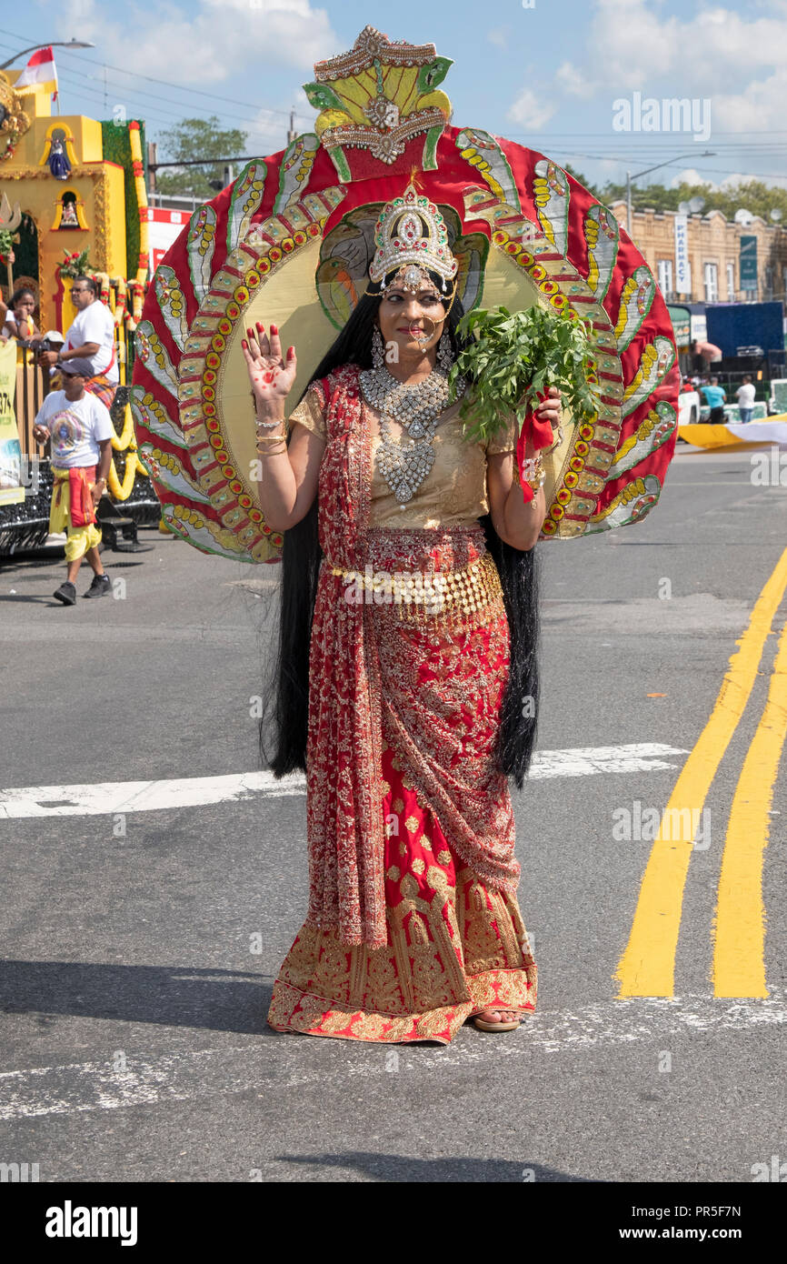 Portrait of a pretty woman dressed as the deity Mother Mari at the 2018 Madrassi Parade in Richmond Hill, Queens, New York. Stock Photo