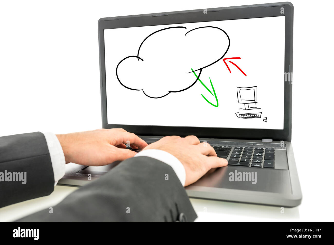 Close-up of the hands of a businessman typing on the keyboard of a laptop with the screen displaying an illustration of the cloud computing concept. Stock Photo