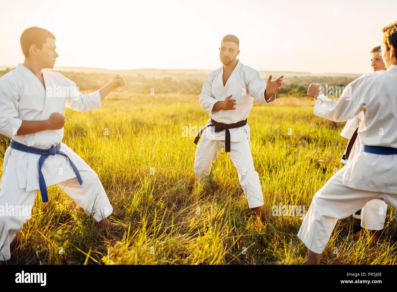 Junior karate class with master on training in summer field. Martial art workout outdoor, technique practice Stock Photo