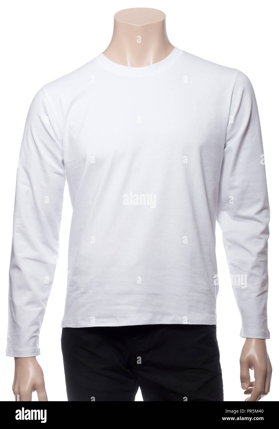 Blank white long sleeved cotton T-Shirt on a mannequin isolated on a white background Stock Photo