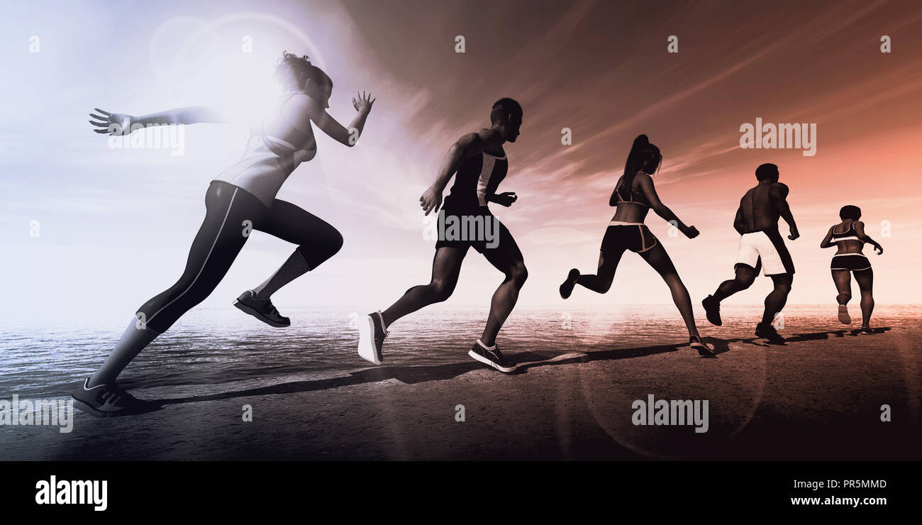 Running Concept Abstract Background with Runners Silhouette Stock Photo