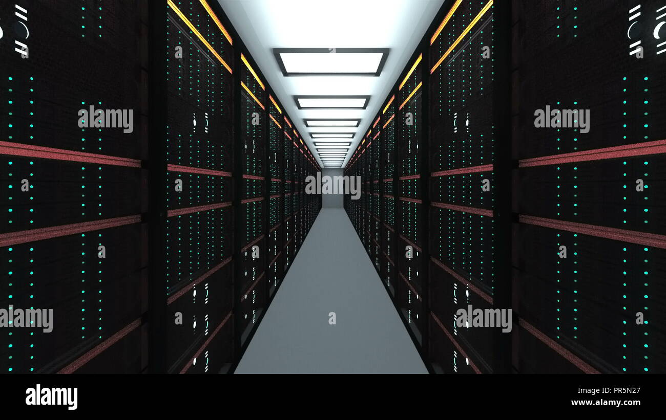 Modern server room interior in datacenter, web network and internet ...