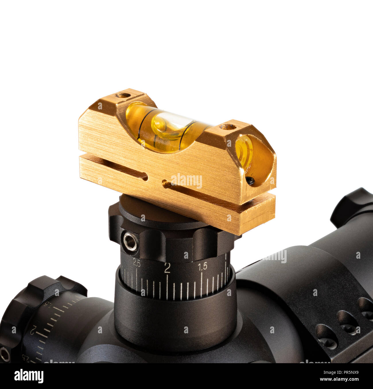 Elevation turret on a rifle scope with a level on top Stock Photo Alamy