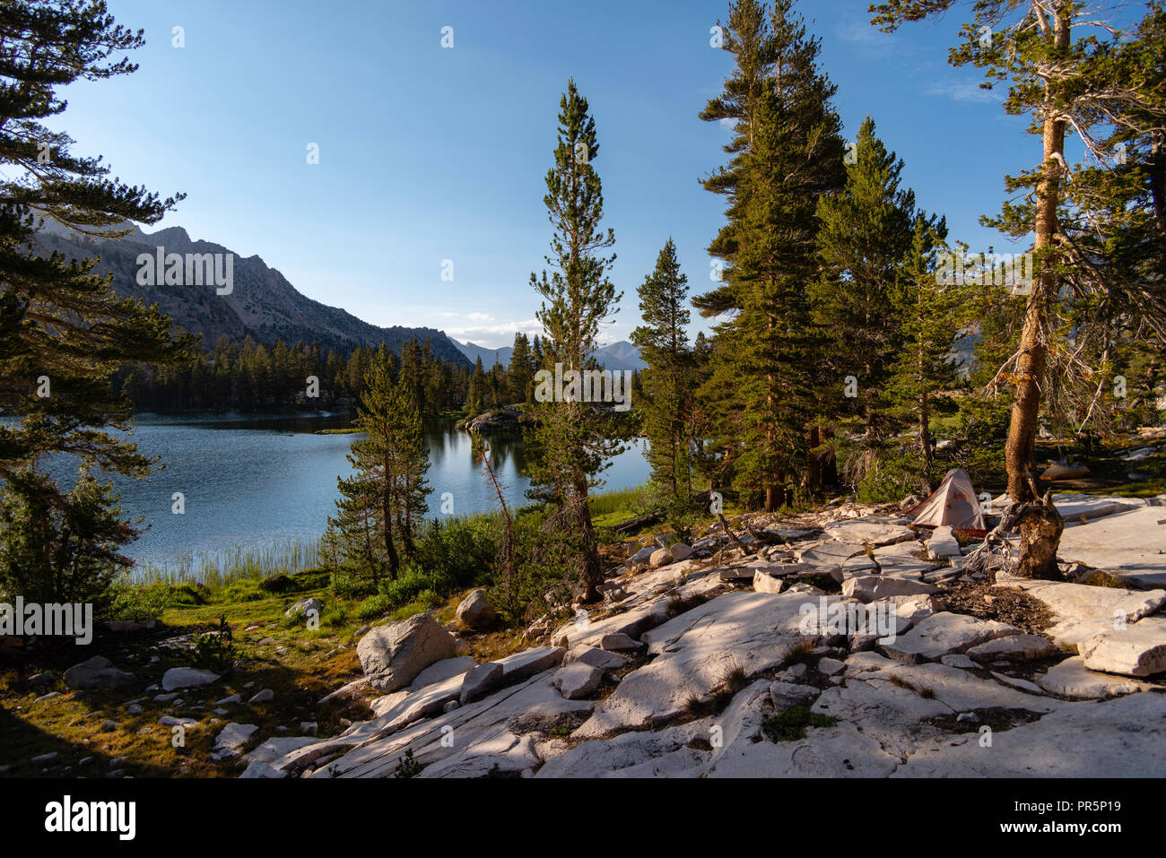 Sunset at Arrowhead Lake, John Muir Trail/Pacific Crest Trail; Sequoia Kings Canyon Wilderness; Kings Canyon National Park; Sierra Nevada Mountains, C Stock Photo