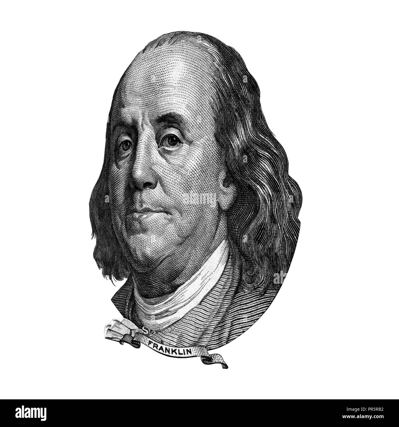 Portrait of U.S. statesman, inventor, and diplomat Benjamin Franklin as he looks on one hundred dollar bill obverse. Photo at an angle of 15 degrees. Stock Photo