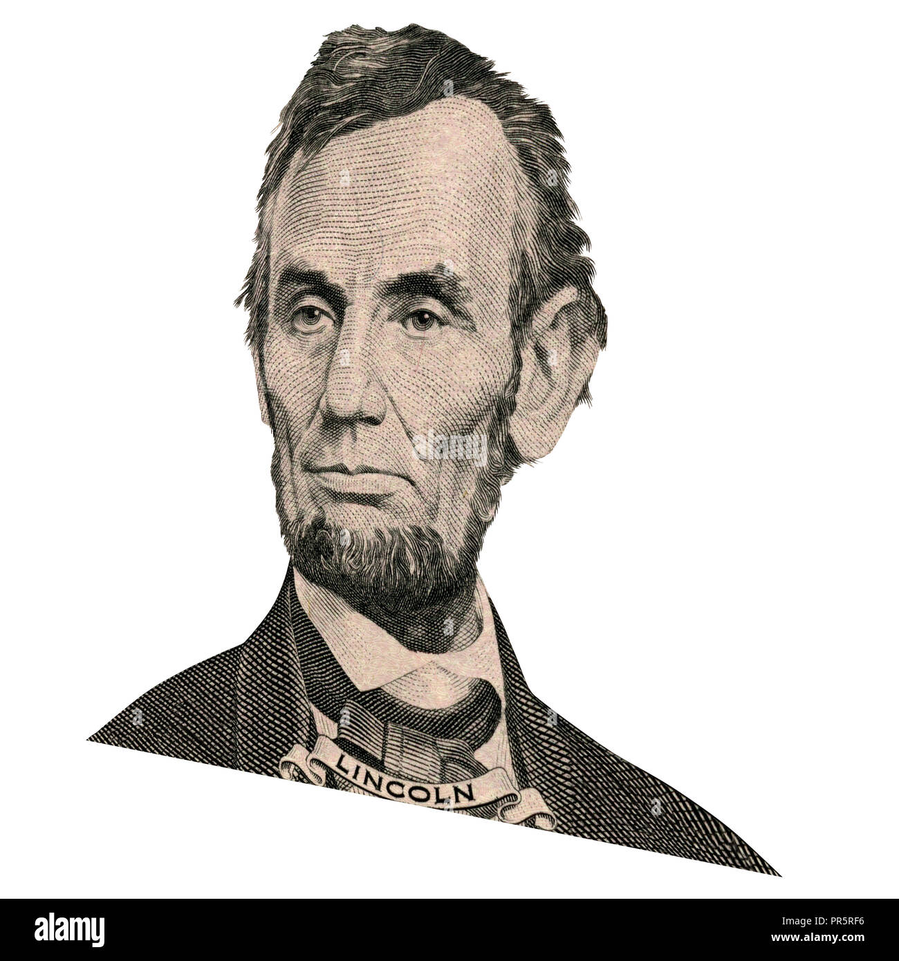 Portrait of former U.S. president Abraham Lincoln as he looks on five dollar bill obverse. Photo at an angle of 15 degrees. Stock Photo