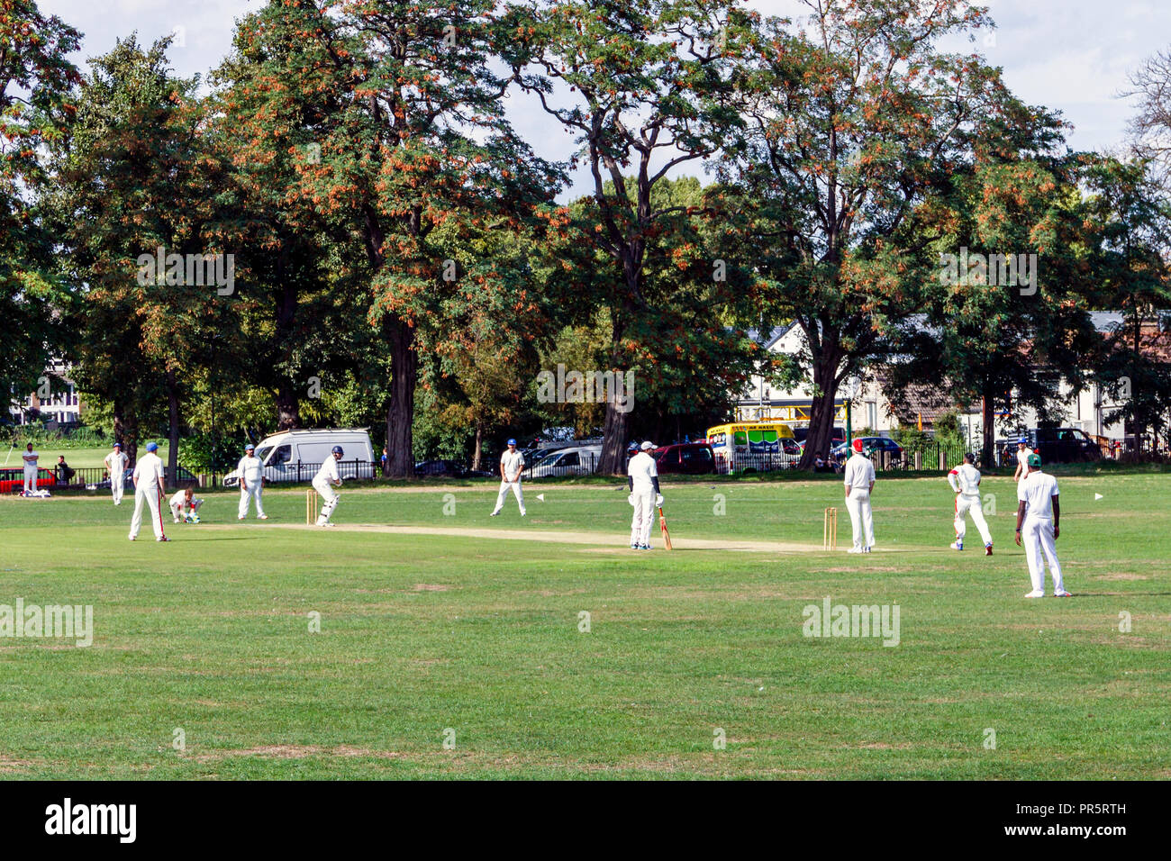 A Sunday cricket match in Springfield Park by the River Lea, London, UK Stock Photo