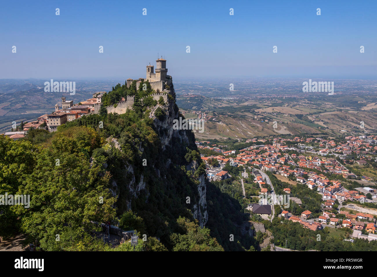 The fortress of Guaita on Mount Titano in San Marino. The Republic of San Marino is an enclaved microstate surrounded by Italy. San Marino claims to b Stock Photo