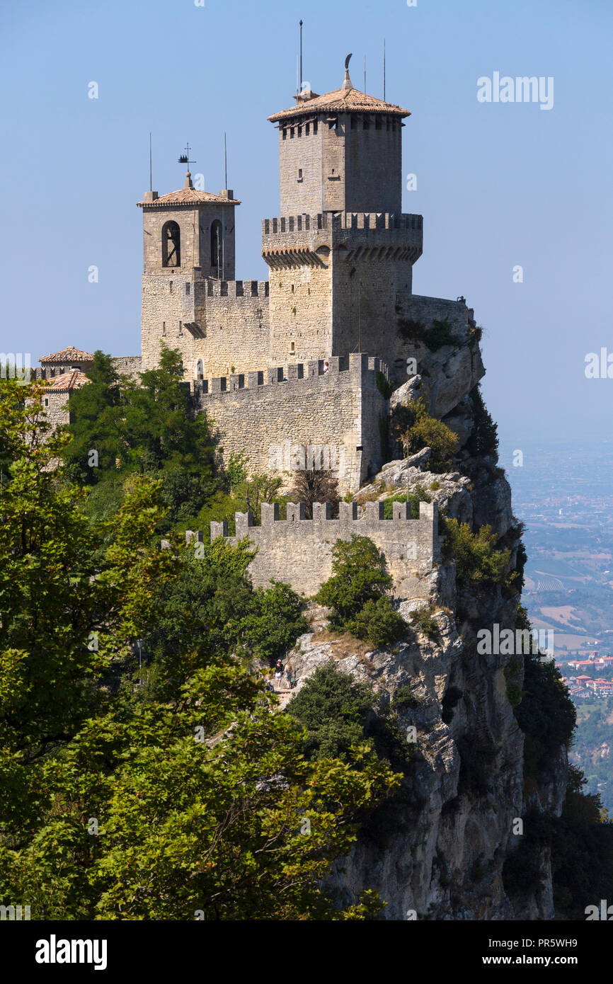 The fortress of Guaita on Mount Titano in San Marino. The Republic of San Marino is an enclaved microstate surrounded by Italy. Stock Photo