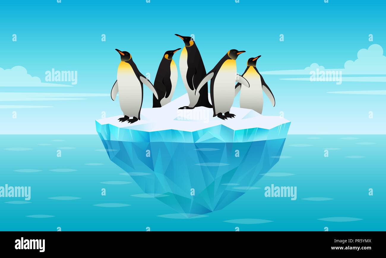 Flock of emperor penguins on ice floe in cold water Stock Vector