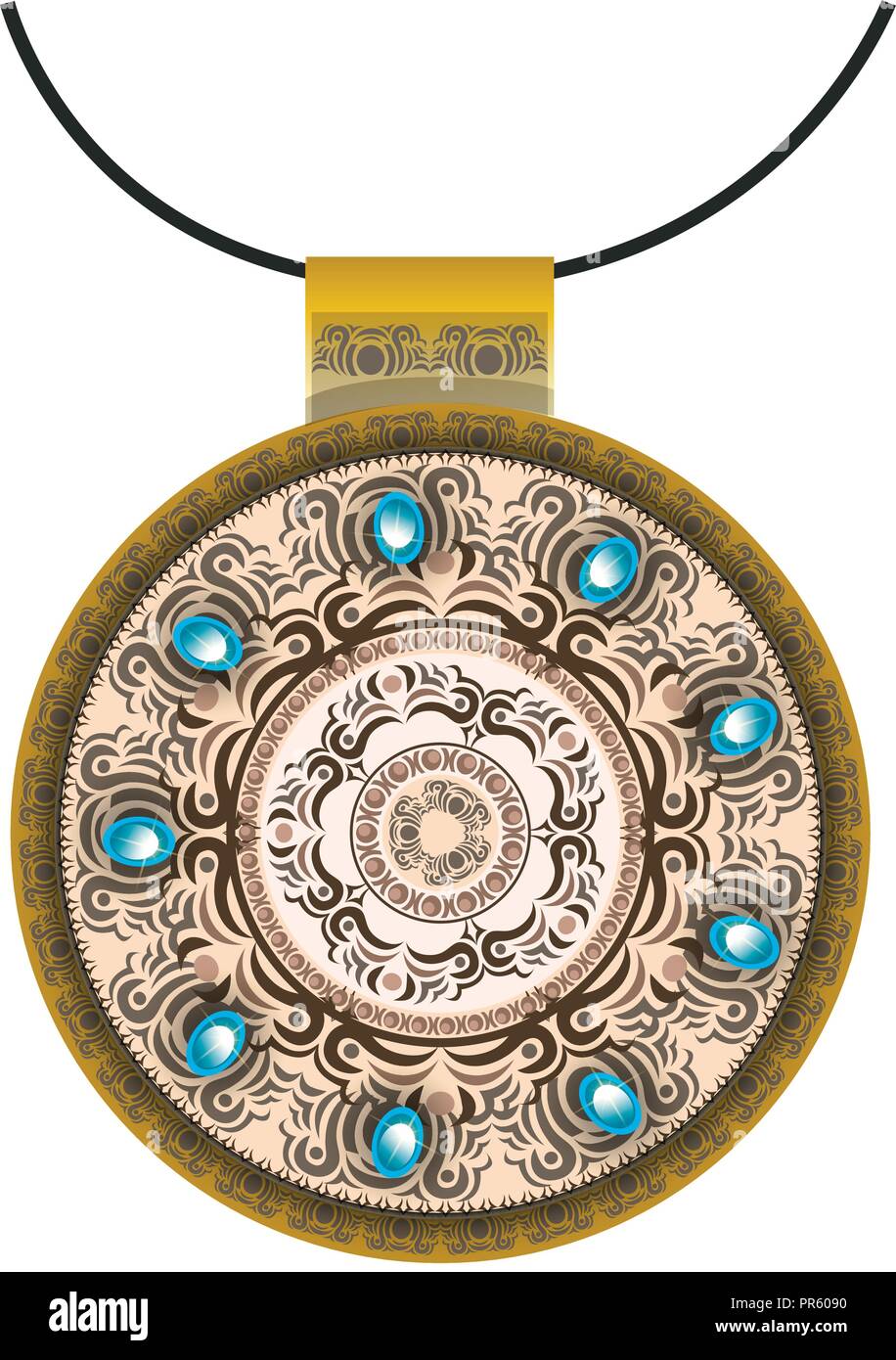 Gold jewelery mandala, decorated with turquoise and jasper on black background. Stock Vector