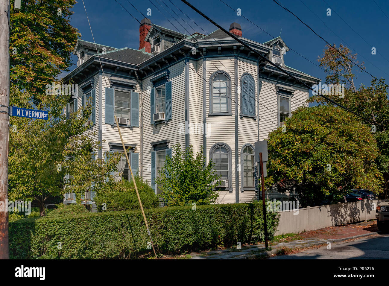Wooden Gothic style  house with shutters on Mt Vernon St , Newport Rhode Island ,USA Stock Photo