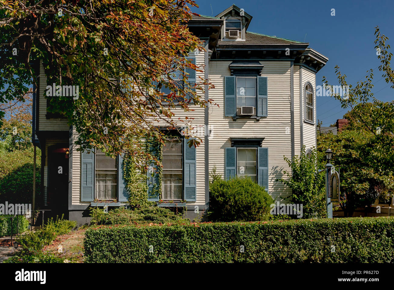 Wooden Gothic style  house with shutters on Mt Vernon St , Newport Rhode Island ,USA Stock Photo