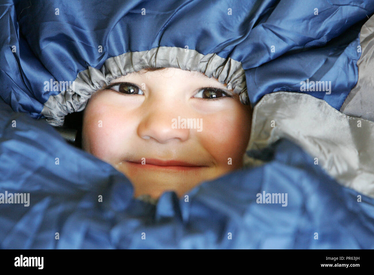 Young boy snug in a sleeping bag Stock Photo