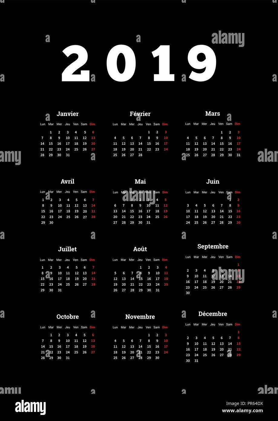 19 Year Simple Calendar On French Language On Dark Background Vertical Sheet Size Stock Vector Image Art Alamy
