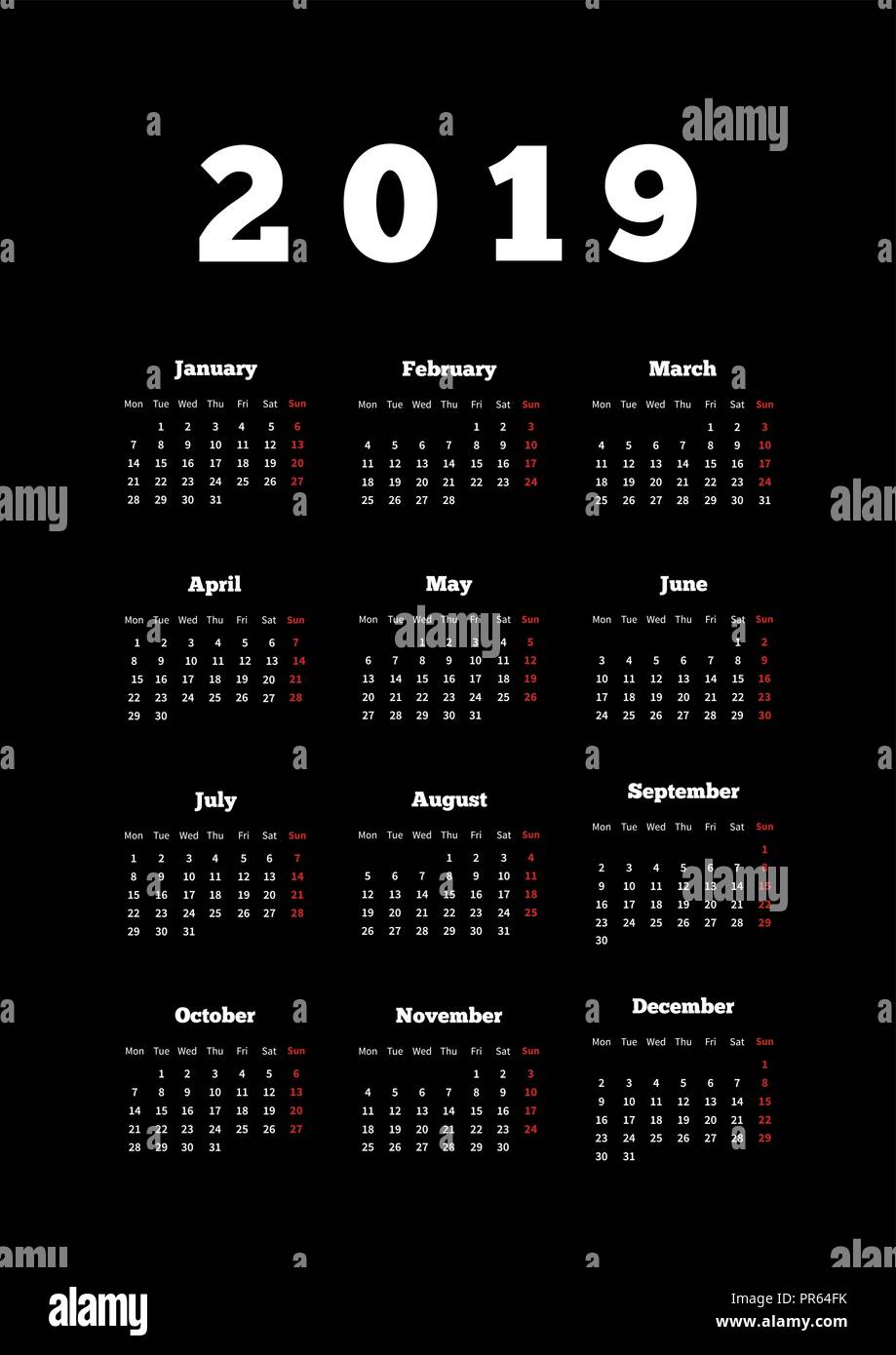 Calendar On 19 Year With Week Starting From Monday On Dark Background Vertical Sheet Size Stock Vector Image Art Alamy