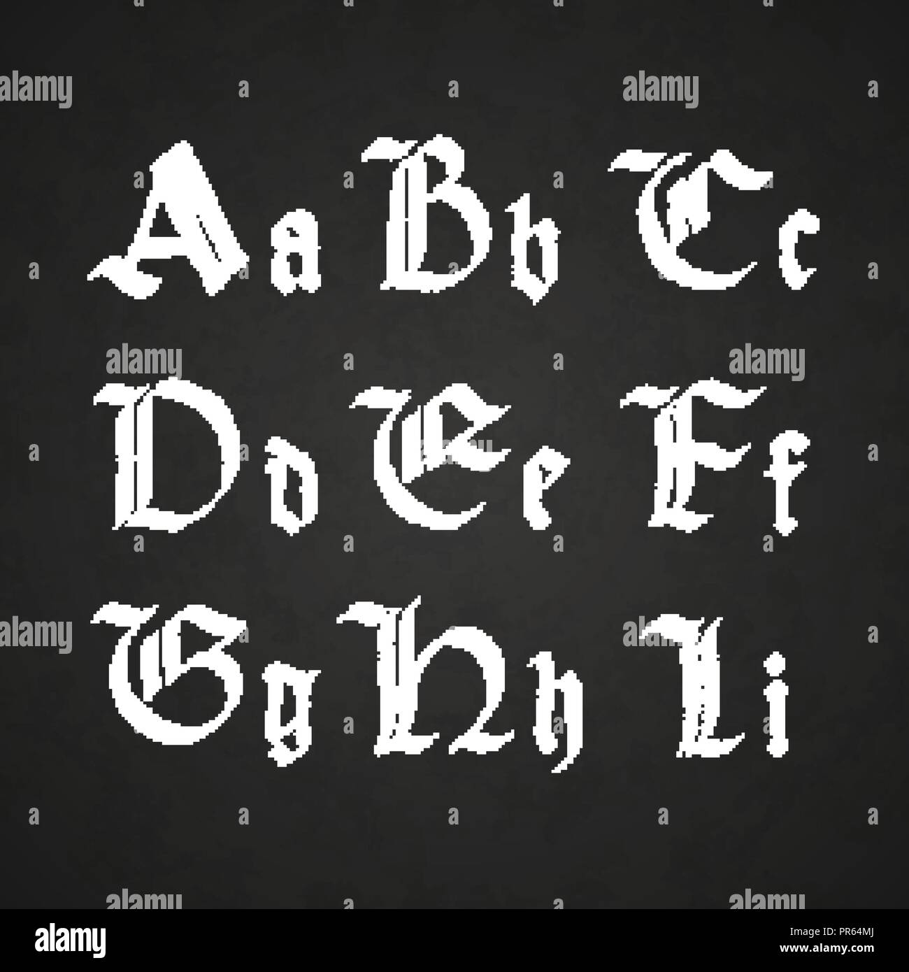Old hand drawn gothic letters drawing with white chalk, A-I symbols on black chalkboard Stock Vector
