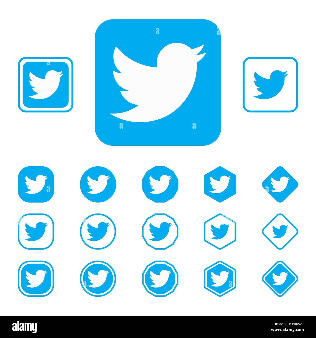 LISKI, RUSSIA - SEPTEMBER 29, 2018 Logo of the well-known social network Twitter. Concept. Flat icon set on a white background isolated vector illustr Stock Vector
