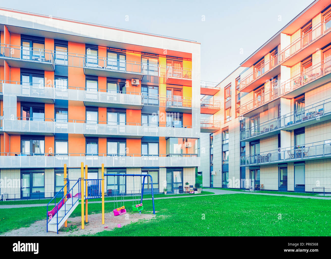 Complex of modern apartment residential buildings with children ...