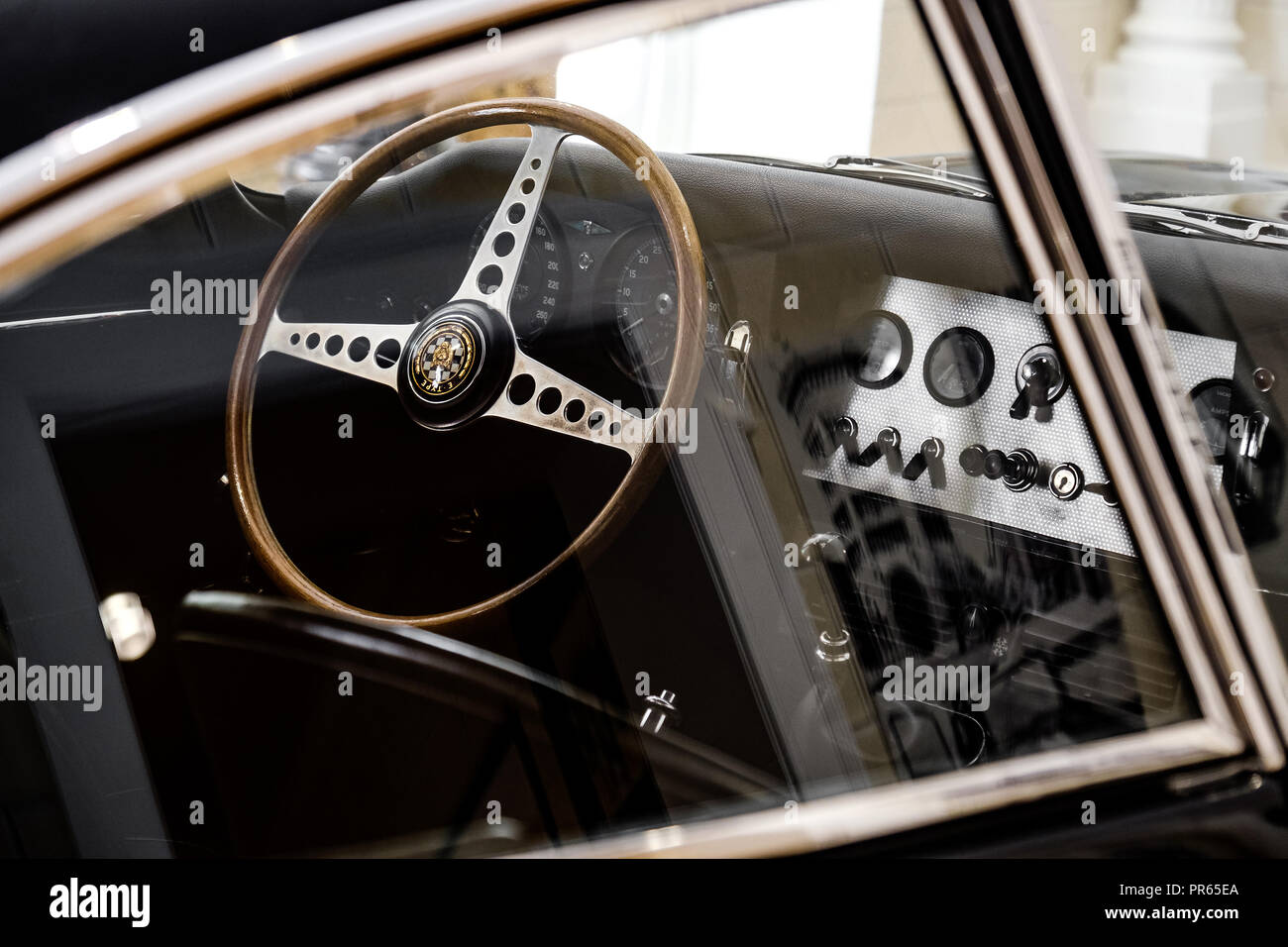 vintage car interior driver seat of a Jaguar E-Type Stock Photo
