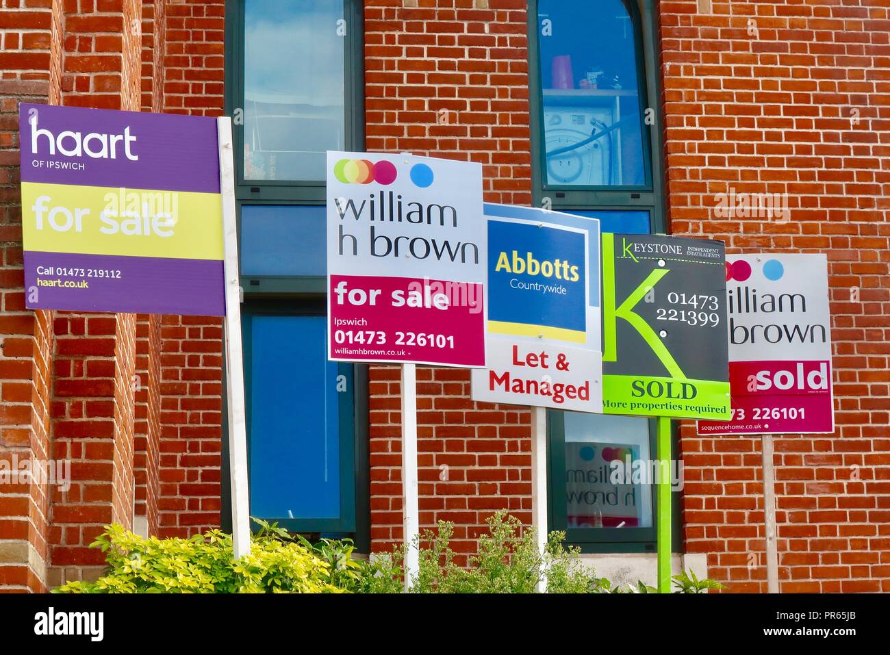 Estate agent boards / signs outside flats advertising for sale and to let. Back Hamlet, Ipswich, Suffolk. September 2018. Stock Photo