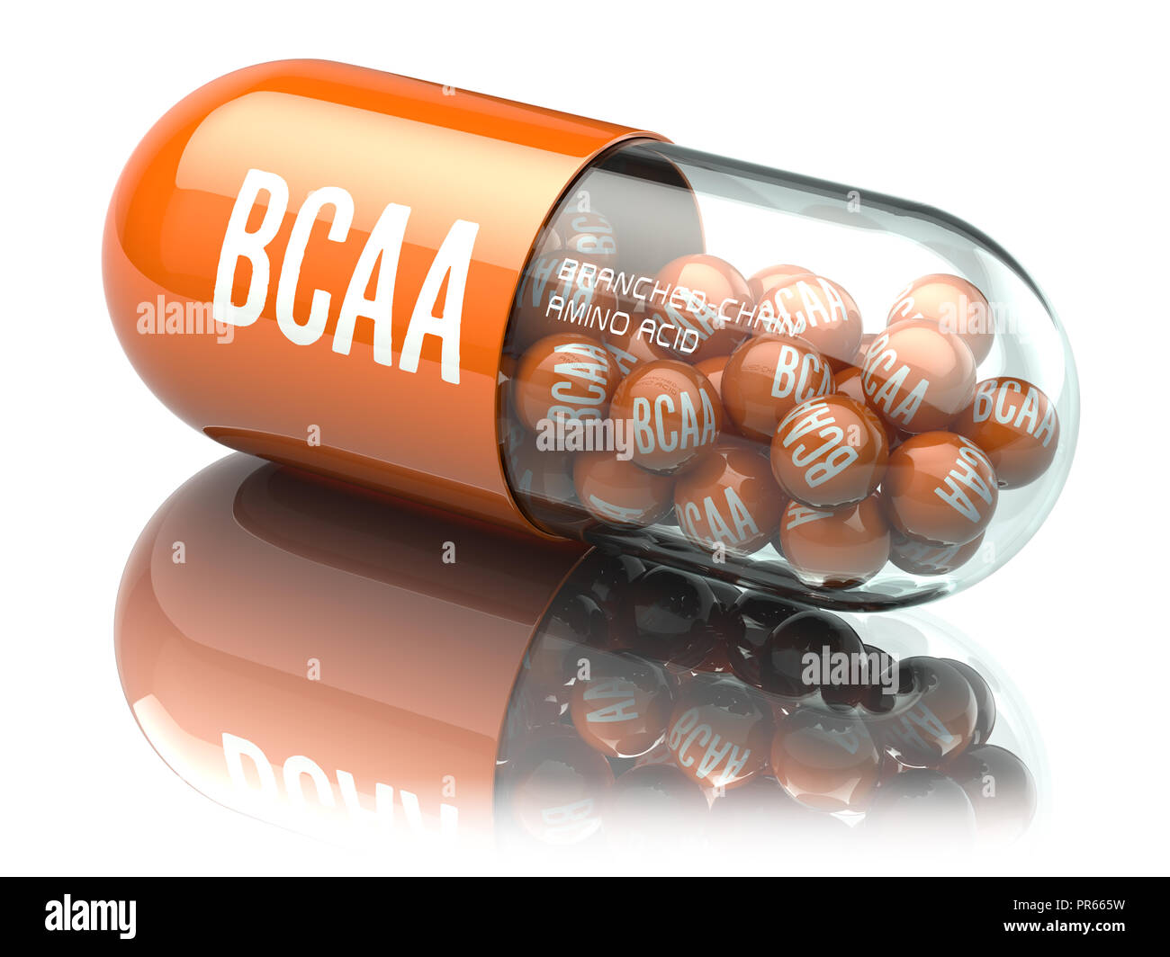 BCAA branched-chain amino acid capsiule isolated on white background. Sport nutrition for bodybuilding. 3d illustration Stock Photo