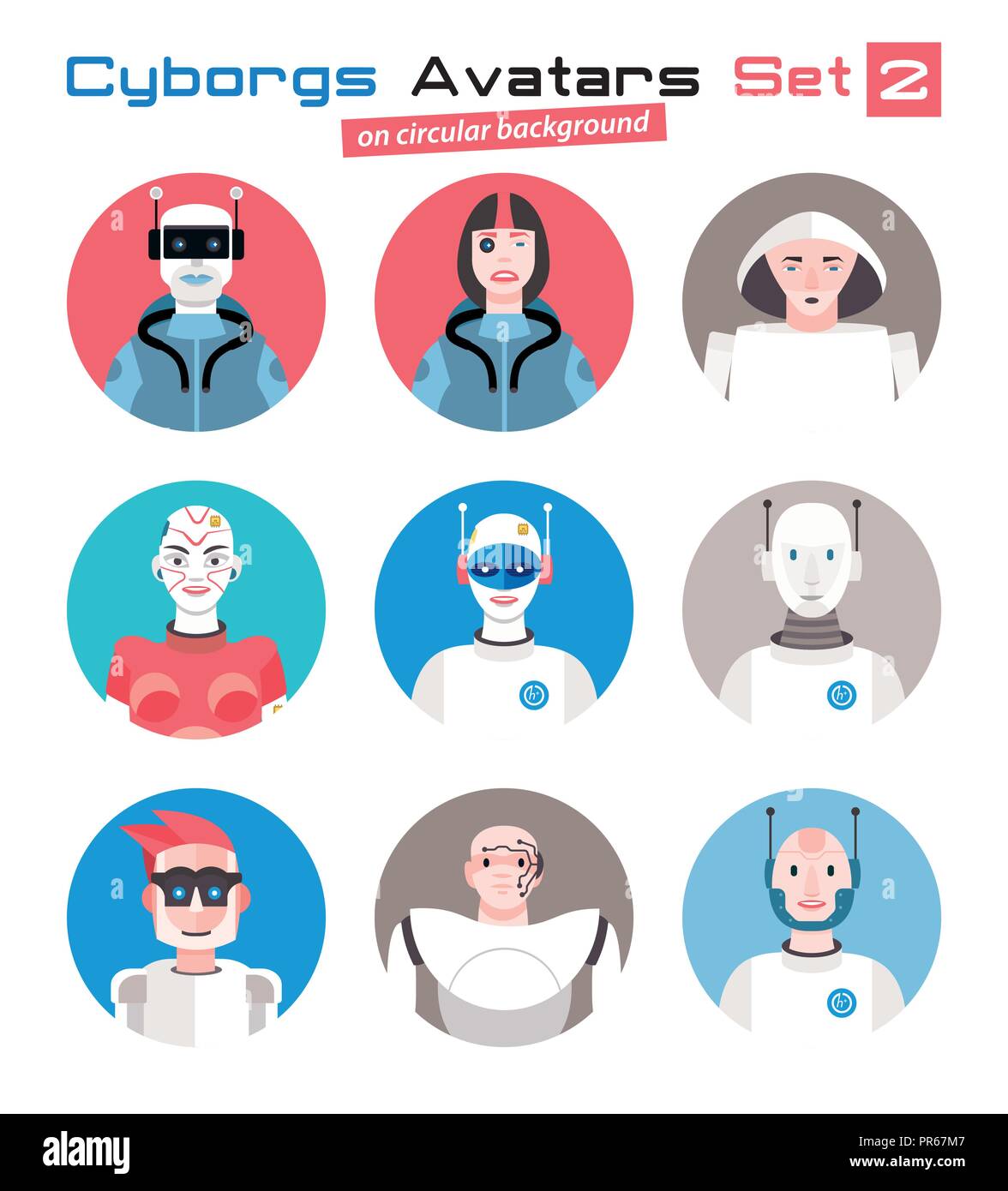 Varied set of cyborgs characters avatars. Imaginative and friendly colourful collection of happy  characters, that combine the human and the machine t Stock Vector