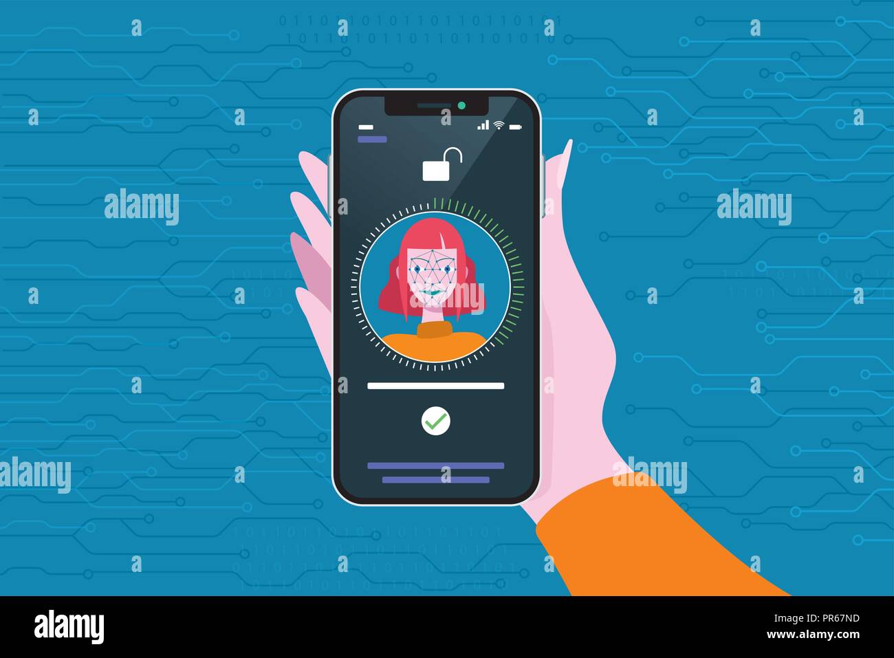 Face Recognition Technology used in a Smart Phone. Scanning og the face of a young woman for facial recognition. Stock Vector