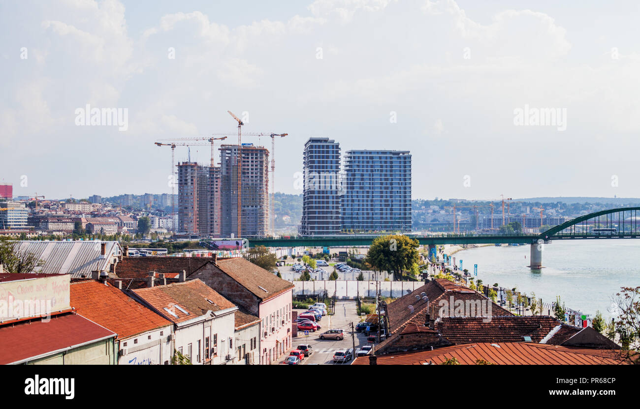 Panoramic view of Belgrade, cityscape Belgrade waterfront and river Sava, capital city of Serbia, blue sky and clouds in backgrounds, day light. Stock Photo
