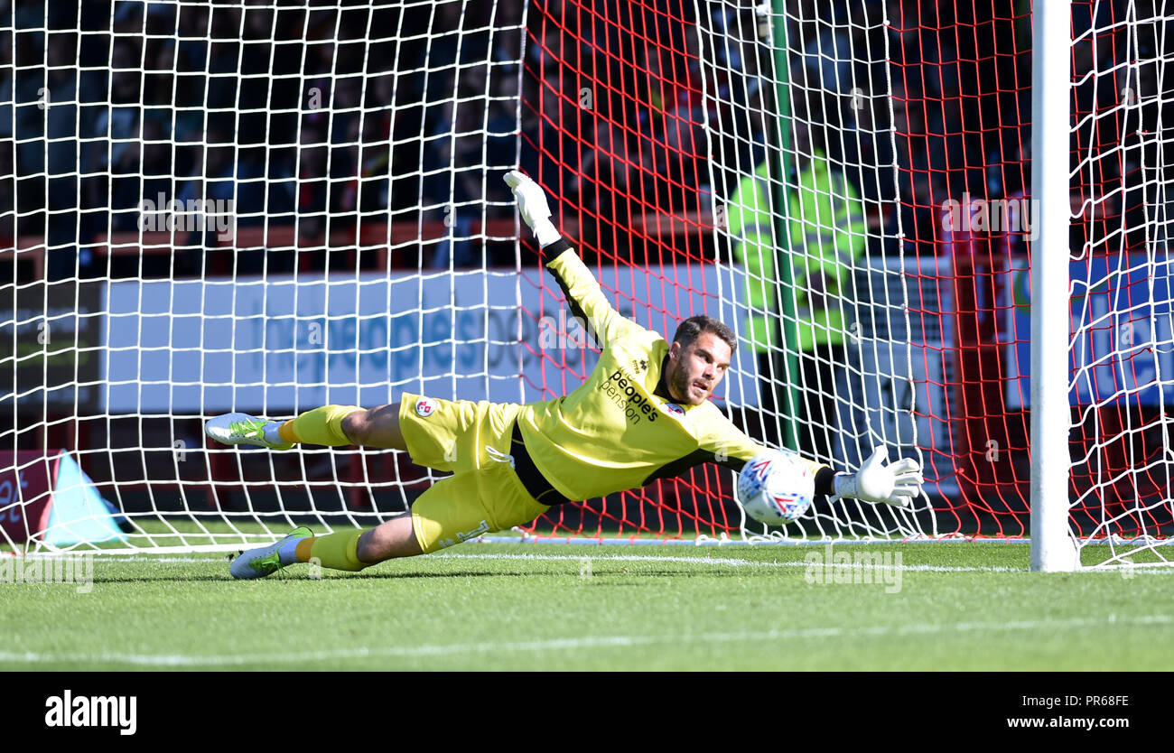 Glenn Morris of Crawley watches a shot go past his post during the Sky Bet League 2 match between Crawley Town and Yeovil Town at the Broadfield Stadium , Crawley , 29 Sept 2018 Editorial use only. No merchandising. For Football images FA and Premier League restrictions apply inc. no internet/mobile usage without FAPL license - for details contact Football Dataco Stock Photo