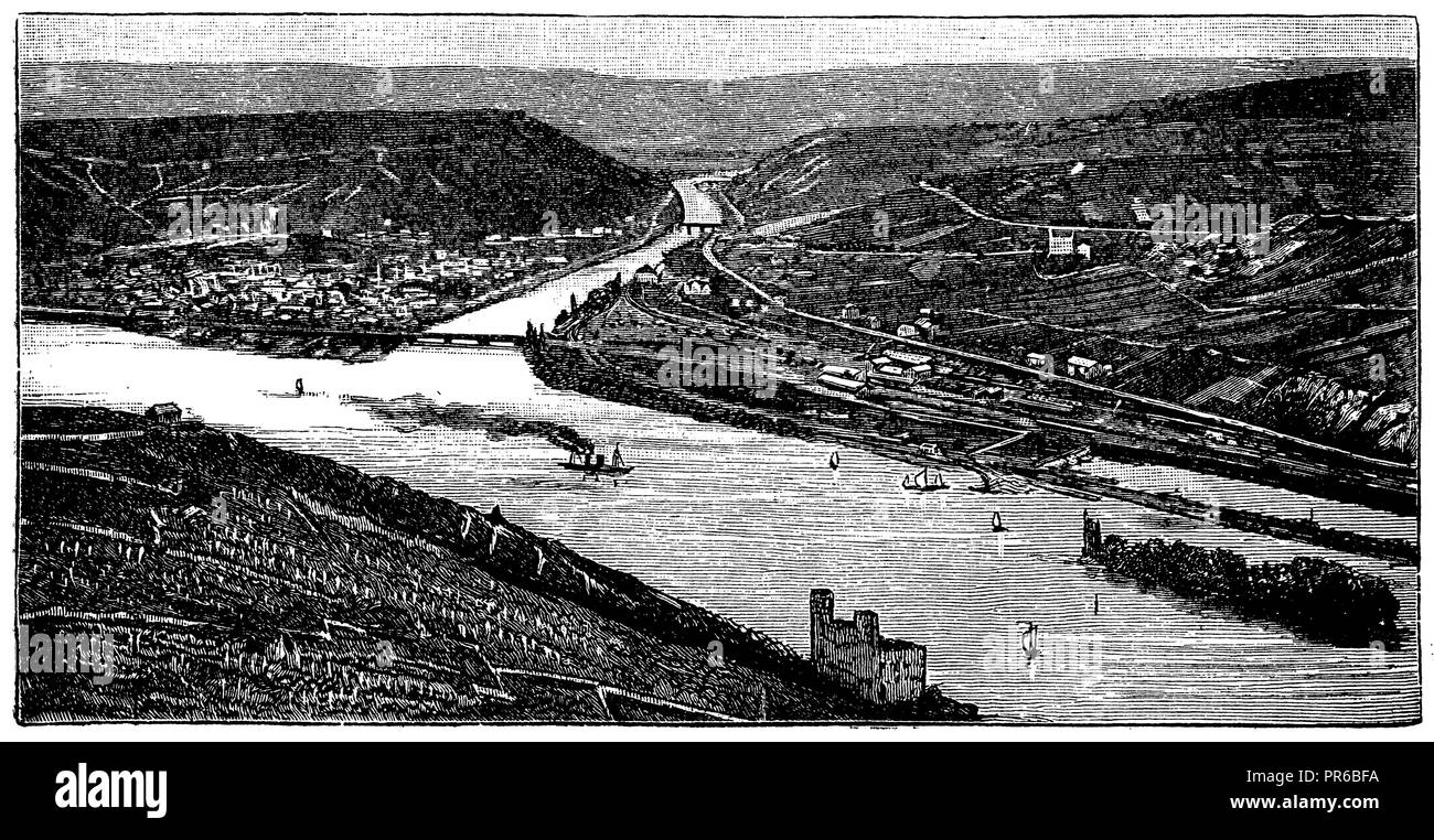 Confluence of the Nahe and Rhine near Bingen, with Niederwald, Stock Photo