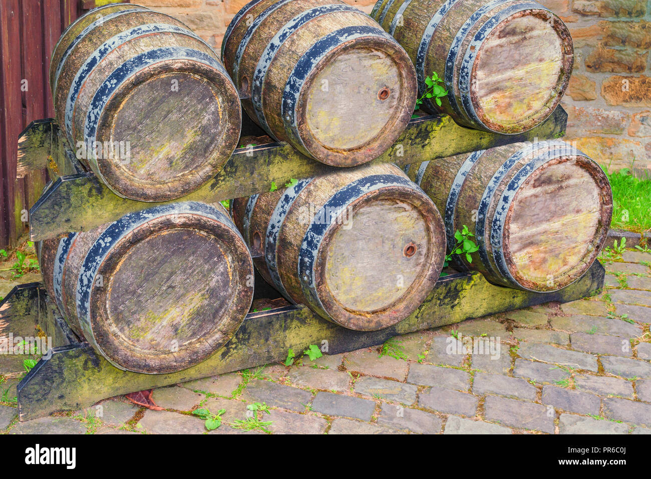 Oak barrel or wine barrel used to store beer and wine in a brewery