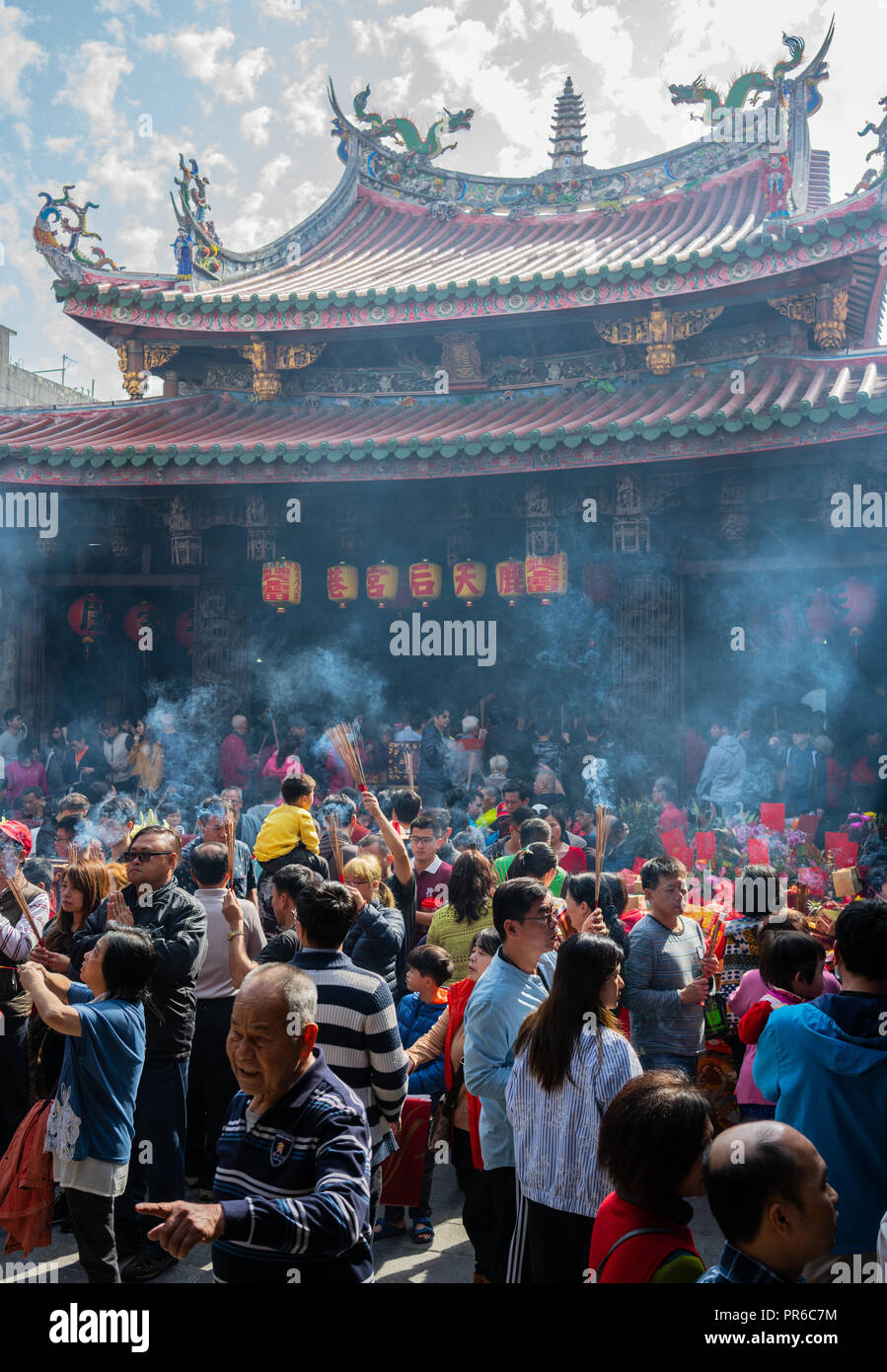 16 February 2018, Lukang Changhua Taiwan : Celebration of people and crowd on chinese new year day at Lugang Tianhou Matsu temple in Lukang Taiwan Stock Photo