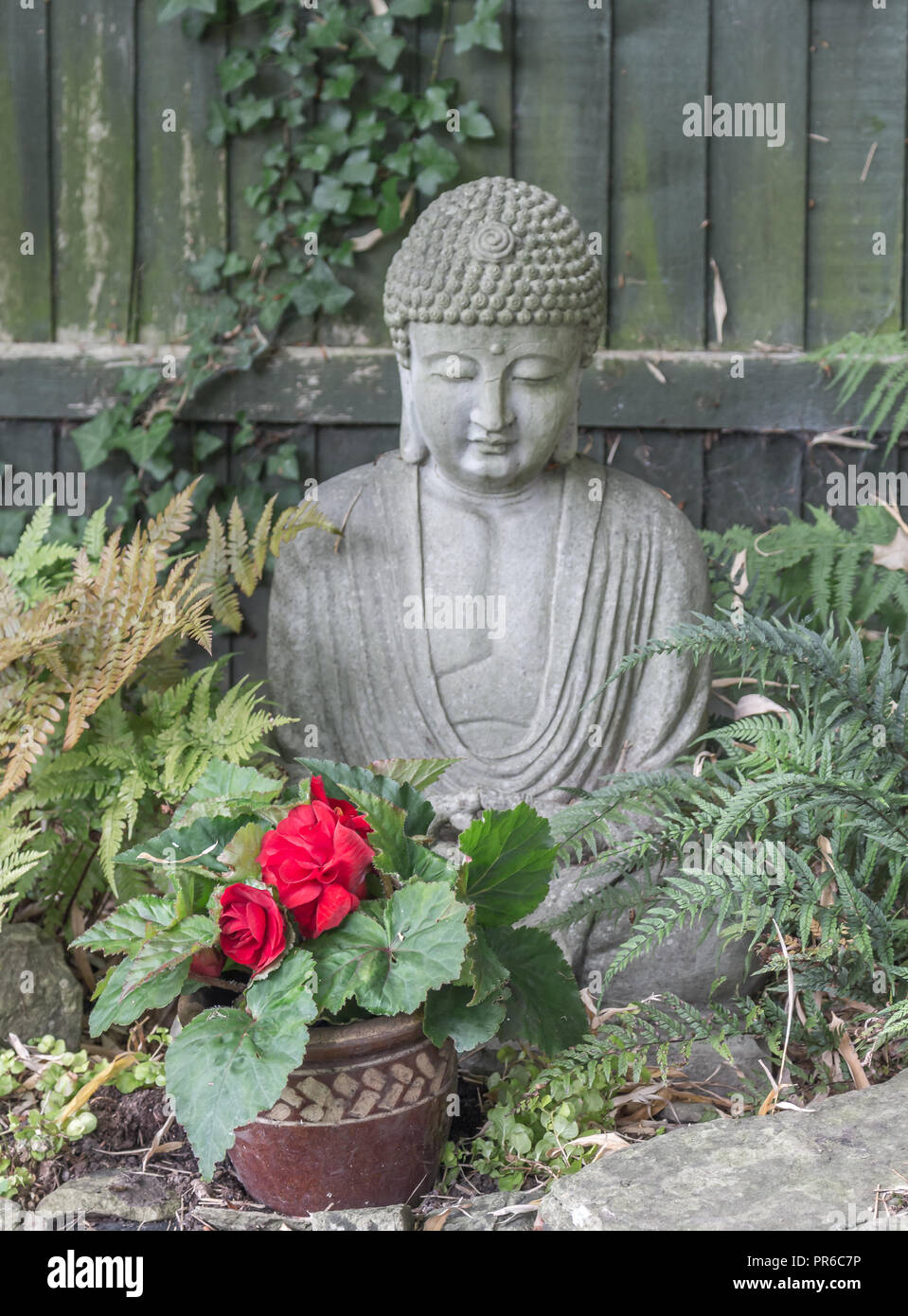 Statue of Buddha in garden with flowers Stock Photo - Alamy