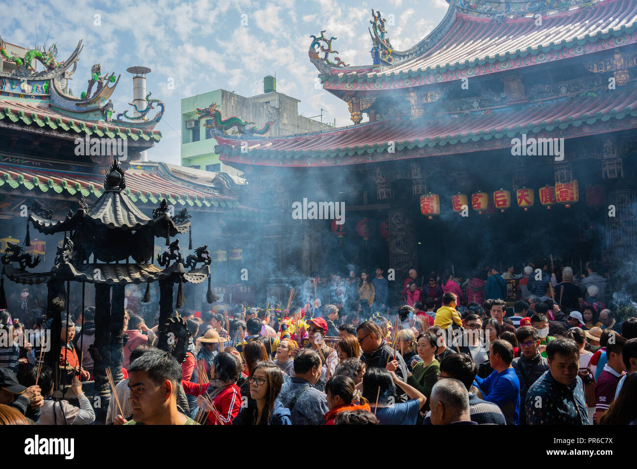 16 February 2018, Lukang Changhua Taiwan : Celebration of people and crowd on chinese new year day at Lugang Tianhou Matsu temple in Lukang Taiwan Stock Photo