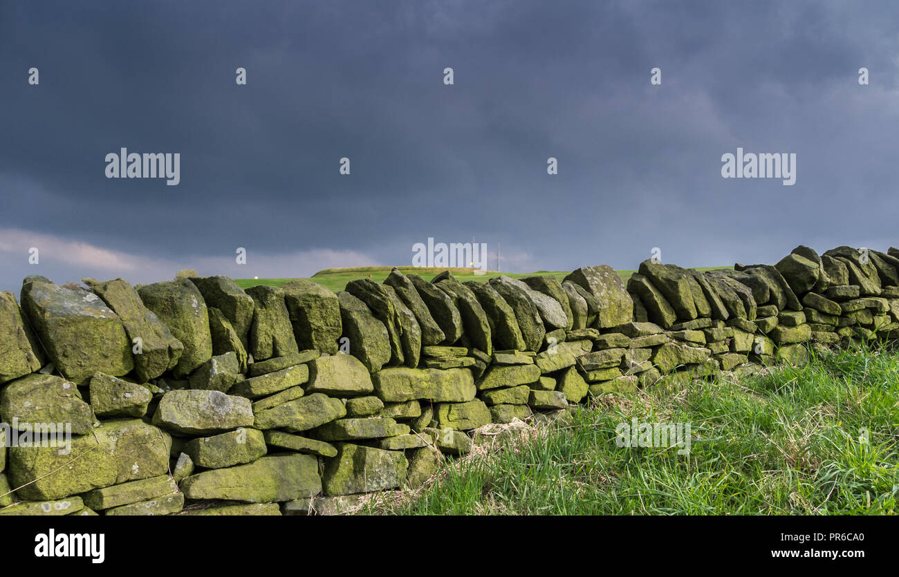 Traditional dry stone wall with moss, Werneth Low, UK. Stock Photo