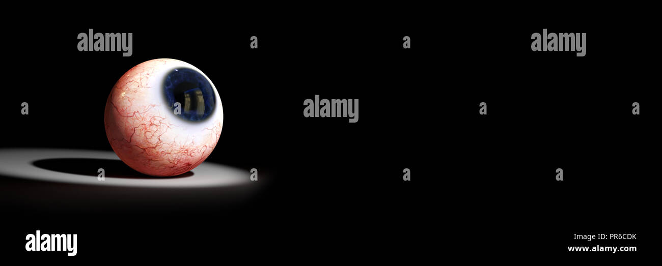 realistic human eyeball with blue iris looking into a spotlight (3d illustration banner) Stock Photo