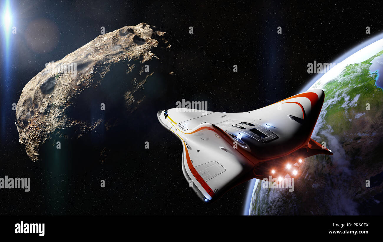 spaceship intercepting meteoroid in orbit of planet Earth, near Earth asteroid space mission (3d science fiction illustration, elements of this image  Stock Photo