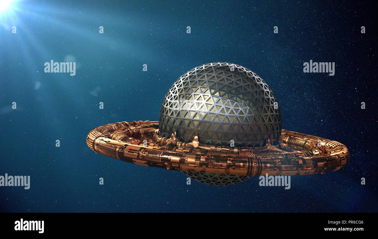 UFO, alien spaceship in outer space, fliyng saucer approaching a star (3d illustration) Stock Photo
