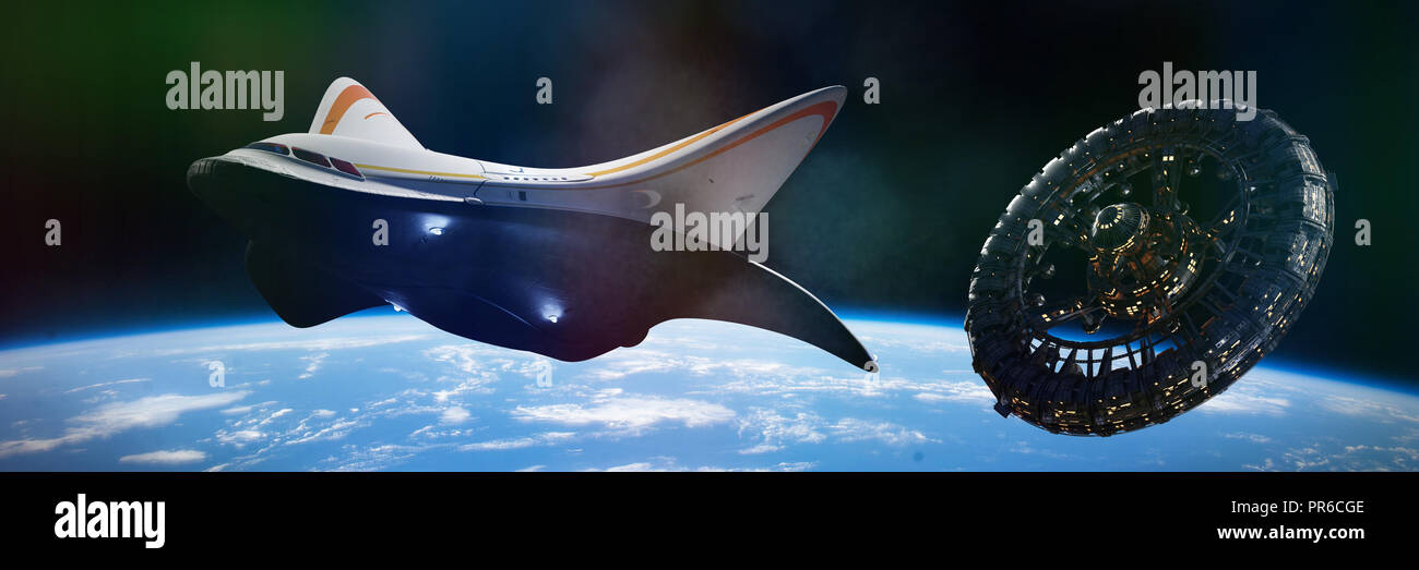 spaceship departure from space station, traffic in outer space planet Earth (3d science fiction illustration banner, elements of this image are furnis Stock Photo