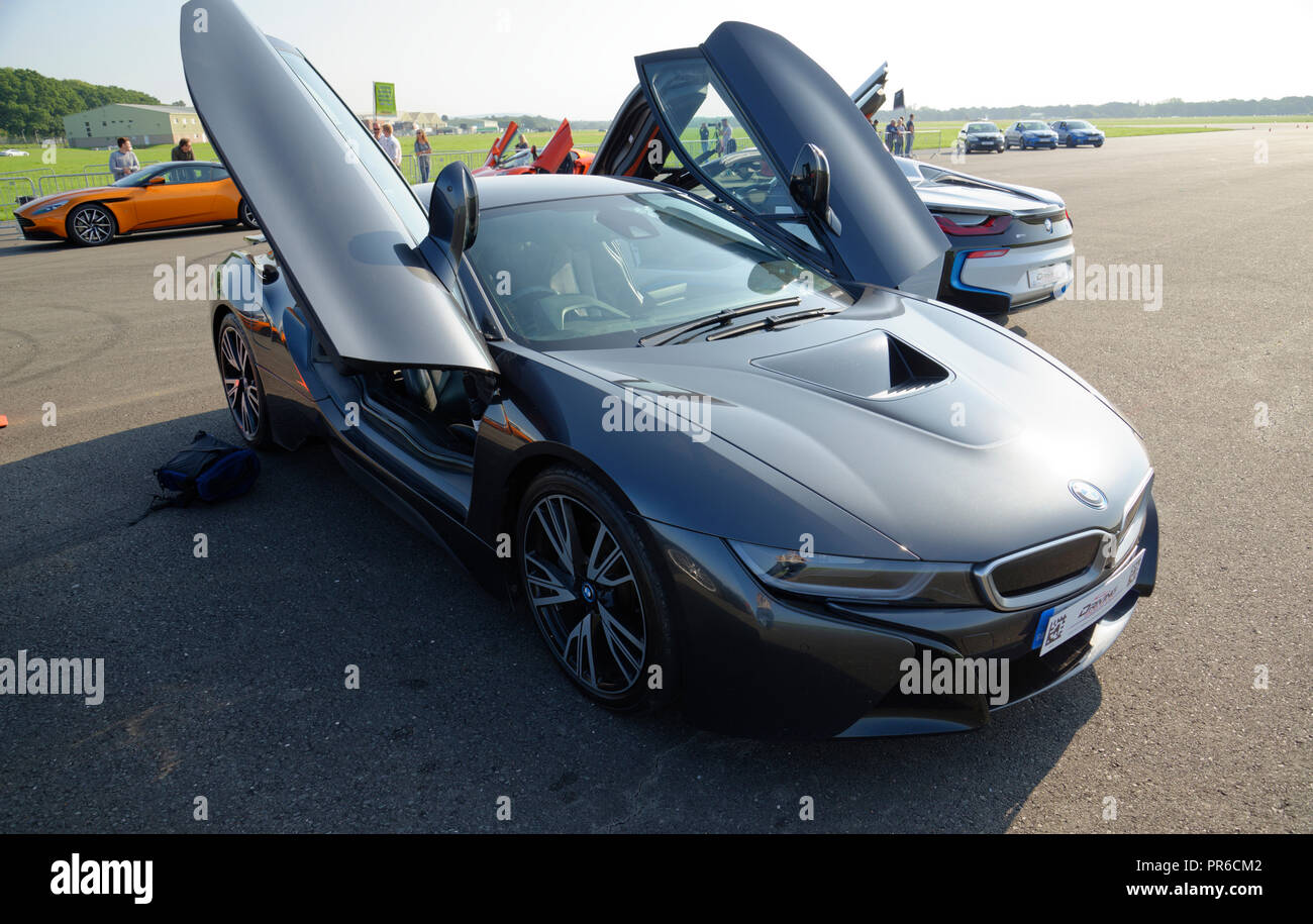 BMW i8 electric supercar with gullwing doors. Stock Photo