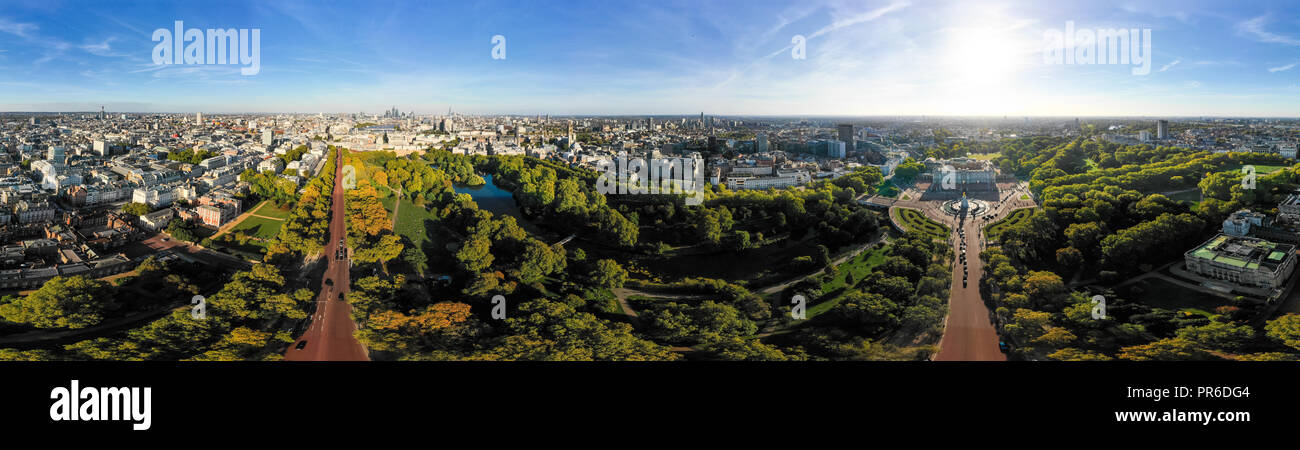 Aerial London City Skyline Wide 360 Degree Panorama View in Central London around Buckingham Palace feat. St James's Park and The Mall in Westminster Stock Photo