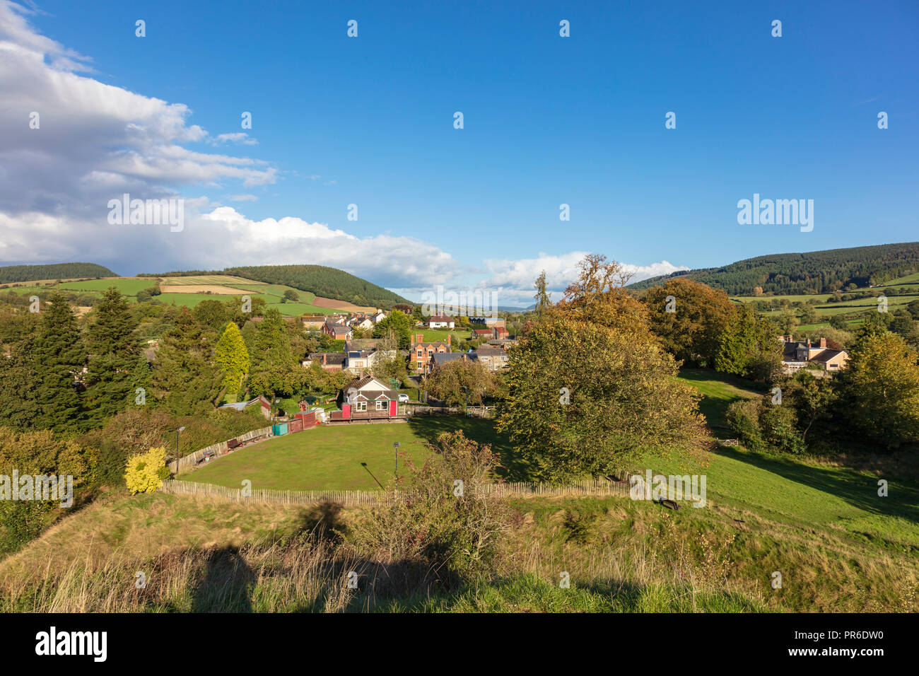 Clun village Bowling Club with wooden club house, on the outskirts of the pretty village, with distant hill views, Clun, Shropshire, UK Stock Photo