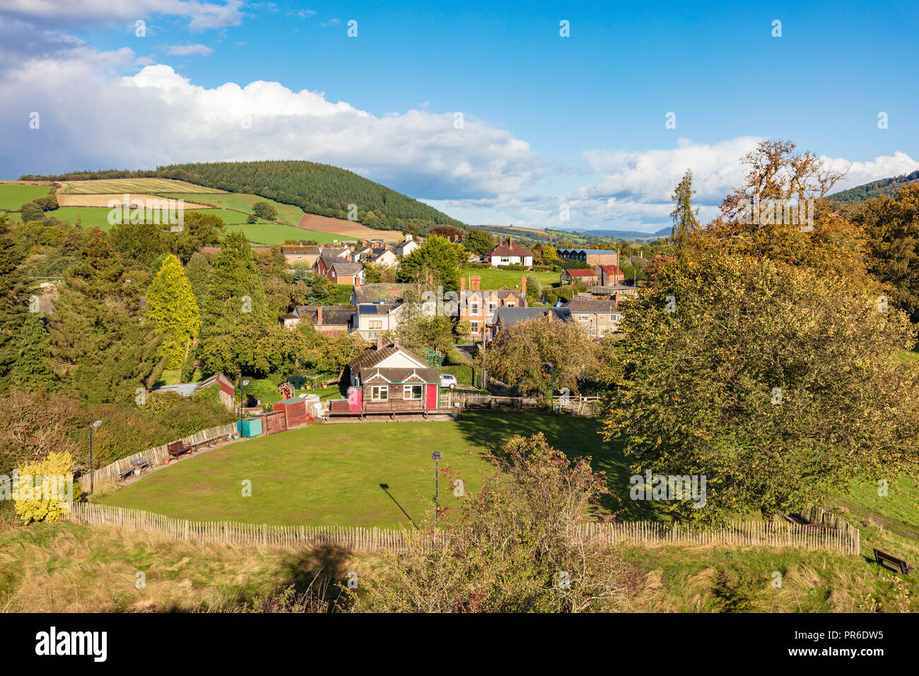 Clun village Bowling Club with wooden club house, on the outskirts of the pretty village, with distant hill views, Clun, Shropshire, UK Stock Photo