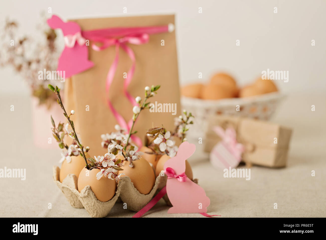 Happy easter. Easter decoration - flowering branches in the shell from the eggs. Selective focus. Stock Photo