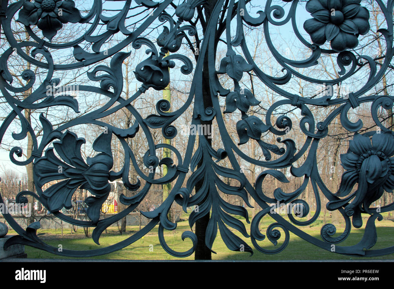 Impressive iron railings surround a building in St Petersburg, Russia. Stock Photo