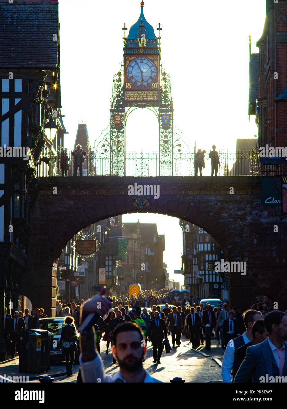 A busy Eastgate street in Chester on Race day. Image taken in September 2018. Stock Photo